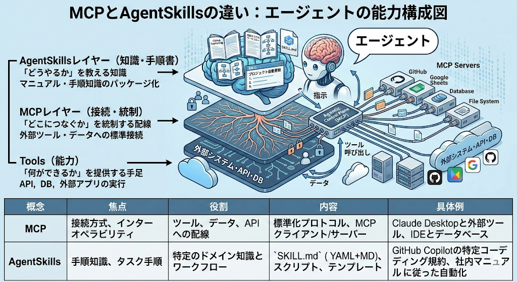 MCPとSkillsの関係図（MCP=接続、Skills=手順、Policy=制御）